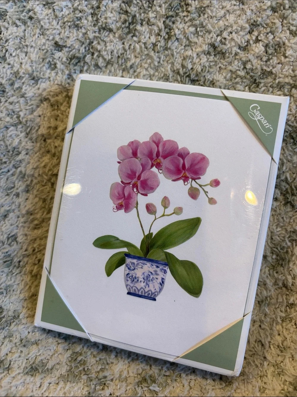 Caspari Pink Tropical Orchid in Blue Porcelain Pot Note Cards Set of 10 NWT